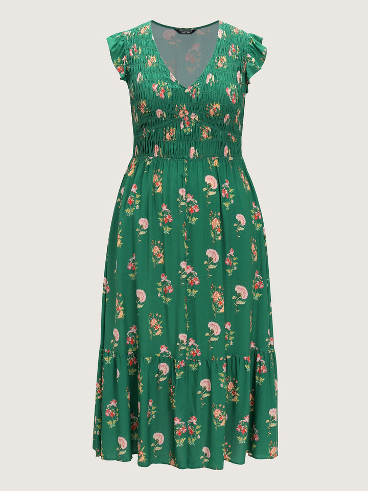 Floral Print Shirred Waist V-Neck Midi Dress
