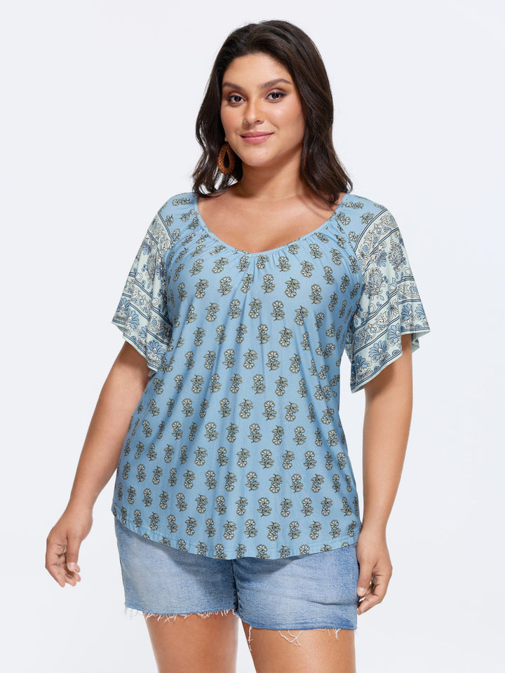 Supersoft Floral Print Flared Sleeve Pleated Knit Top