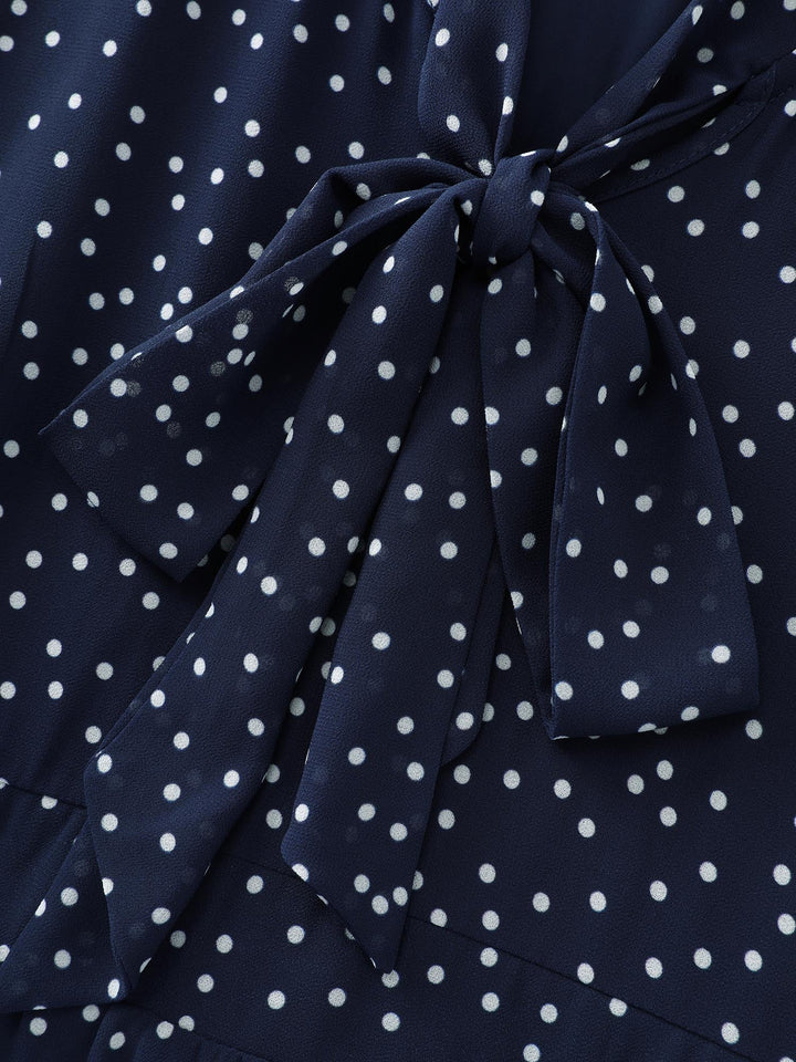 Pretty Polka Dots Ribbon Neckline Midi Dress