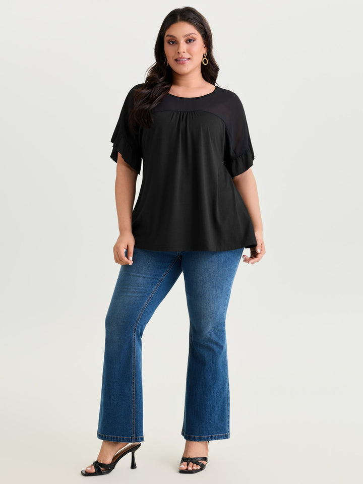 Sheer Floral Print Contrast Knit Top