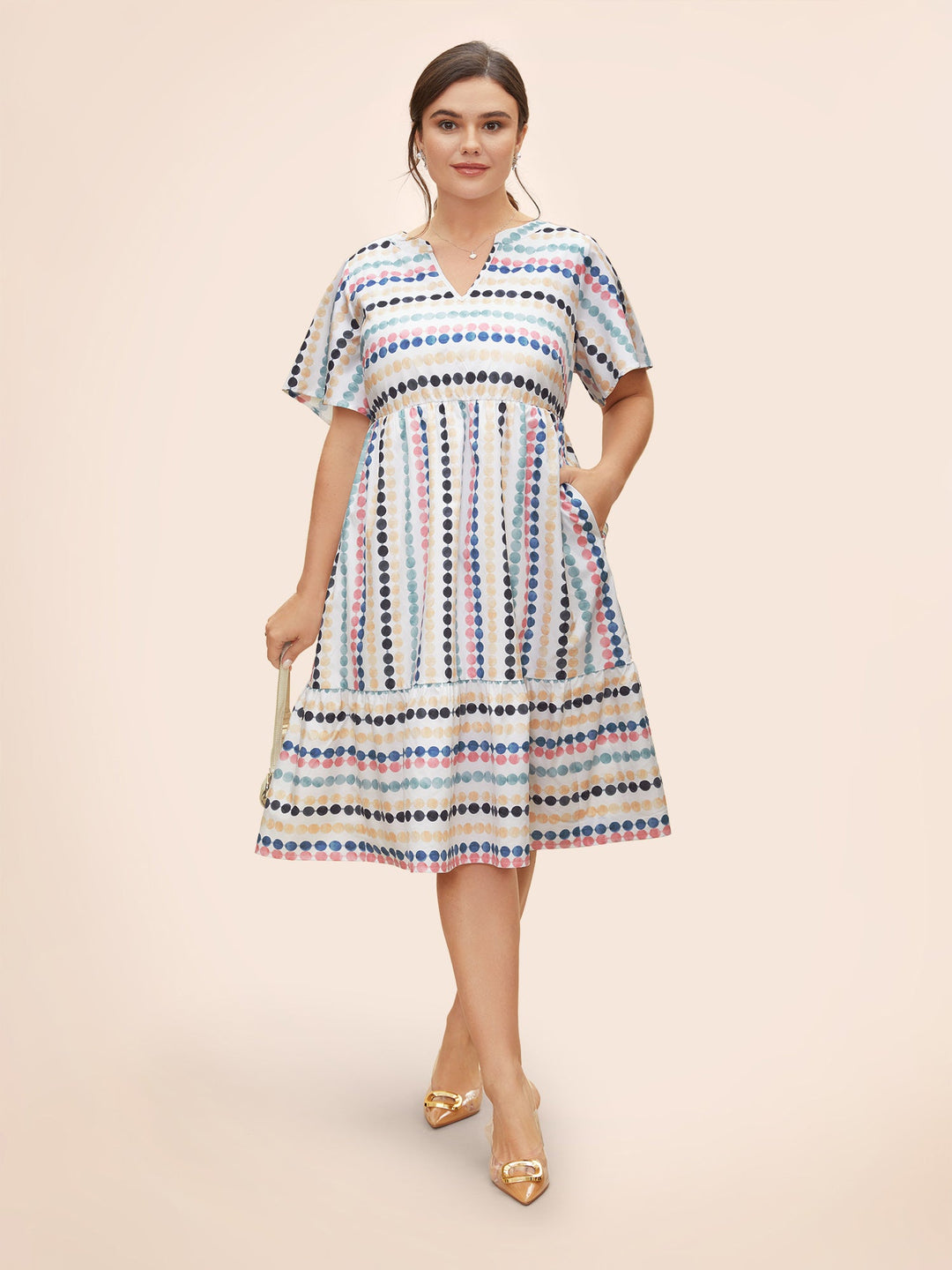 Dot Print Elastic Waist Split Neck Mini Dress