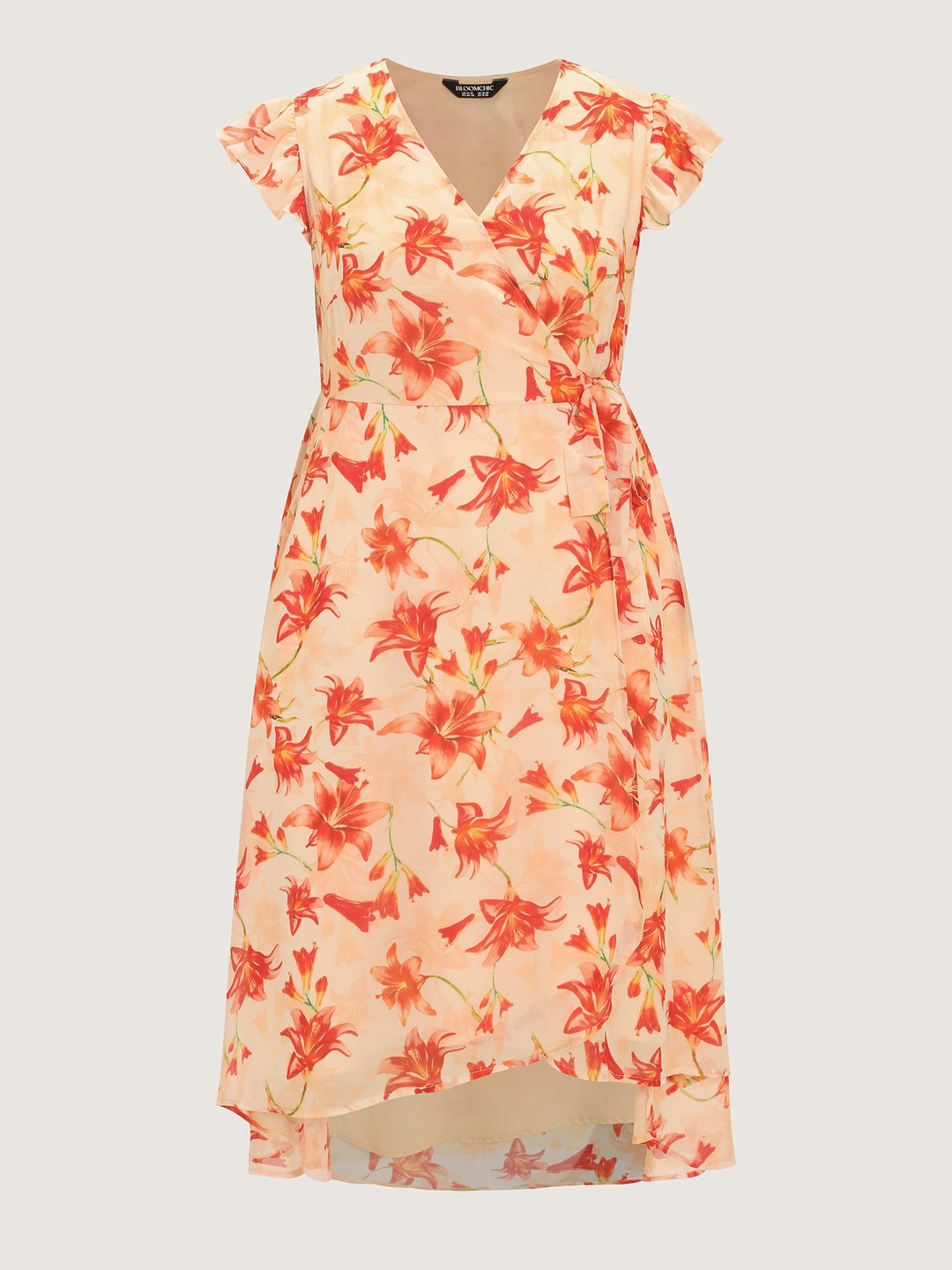 Floral Print Wrap-Tie Front High Low Hem Midi Dress