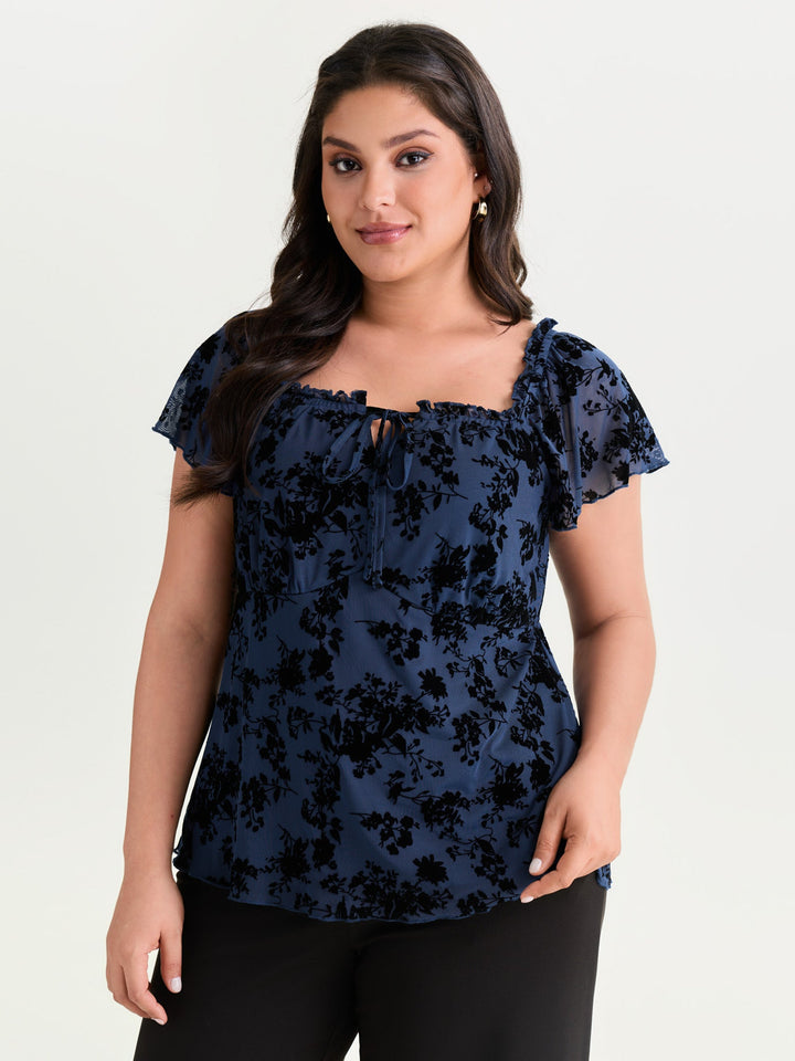 Flocked Floral Drawstring Neckline Knit Top