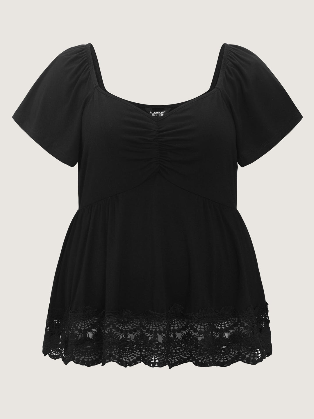 Lace Trim Flared Sleeve Ruched-Front Knit Top