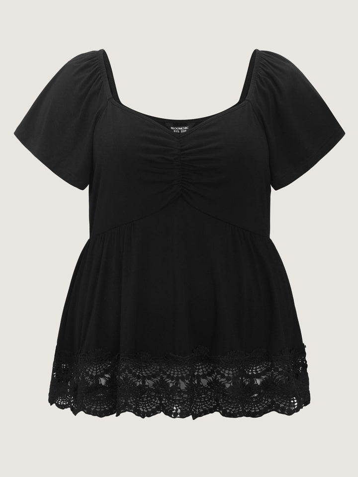 Lace Trim Flared Sleeve Ruched-Front Knit Top