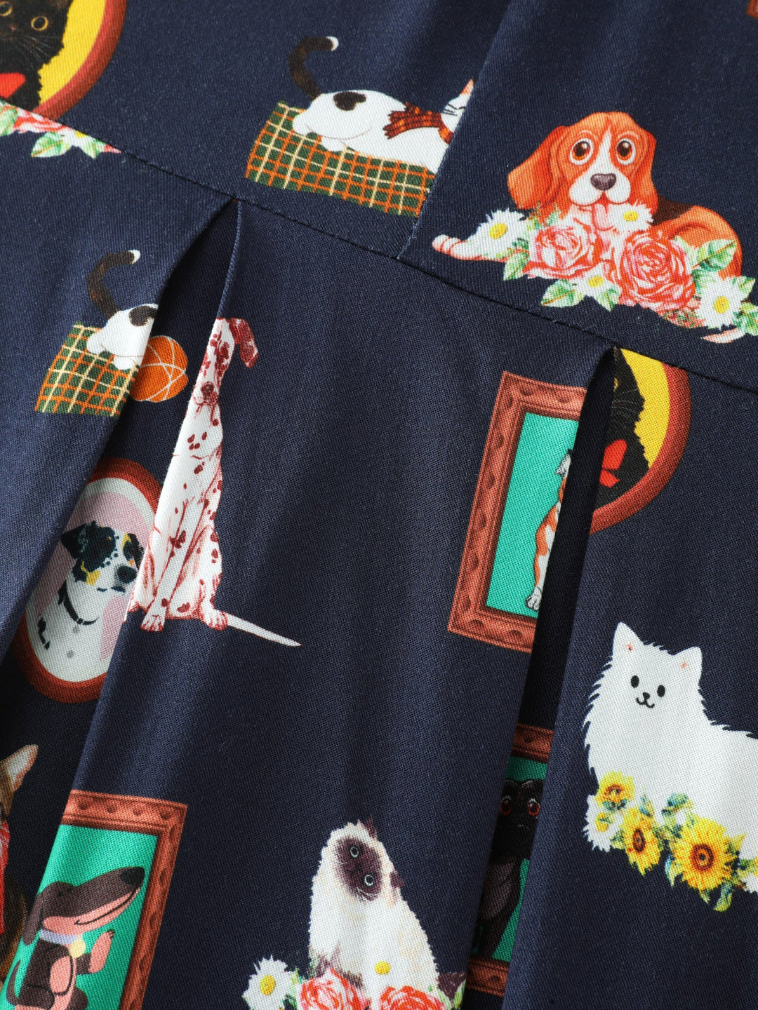 Pet Print Shirred Stretchy Back Midi Dress