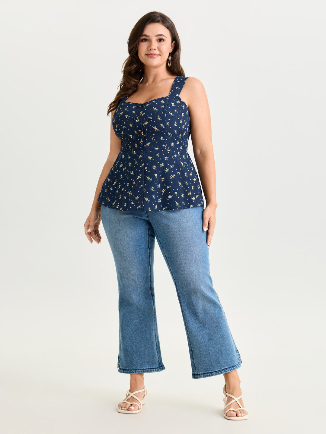 Floral Print Shirred Cinched-Waist Tank Top