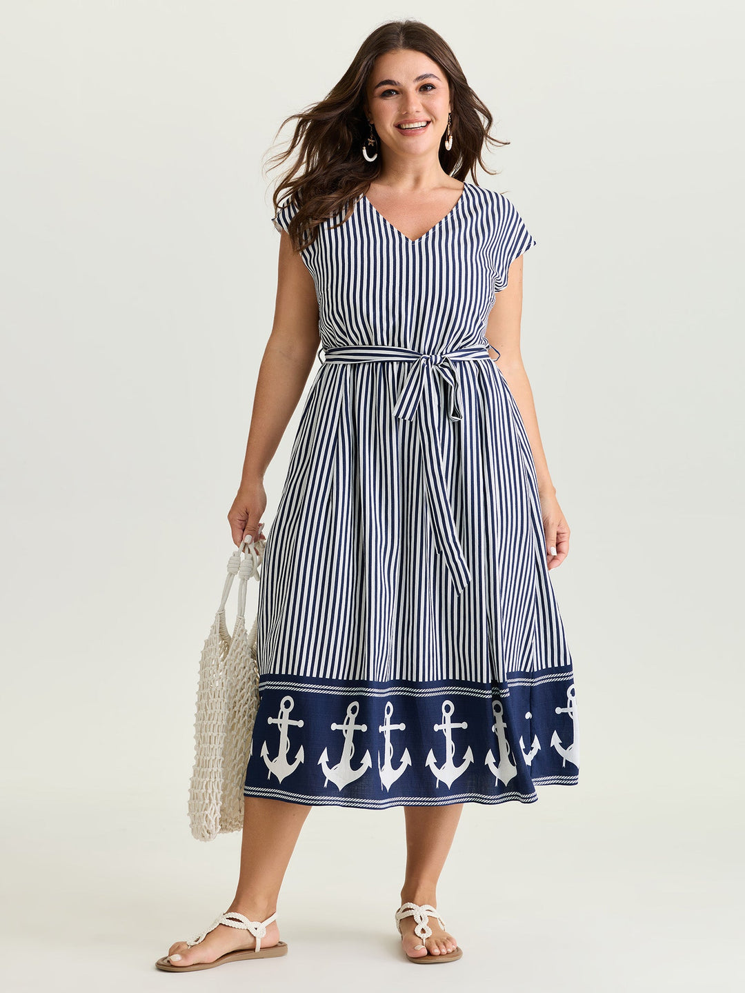 Nautical Stripe Waist-Tie Midi Dress