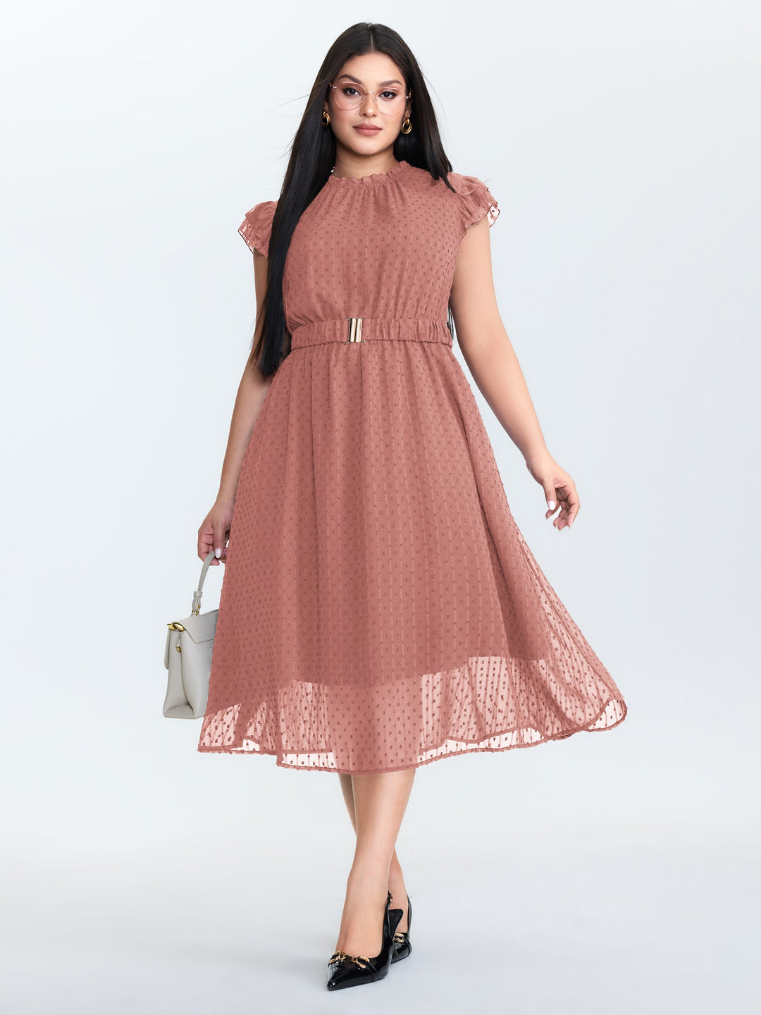 Textured Sheer Ruffled Mock Neckline Midi Dress