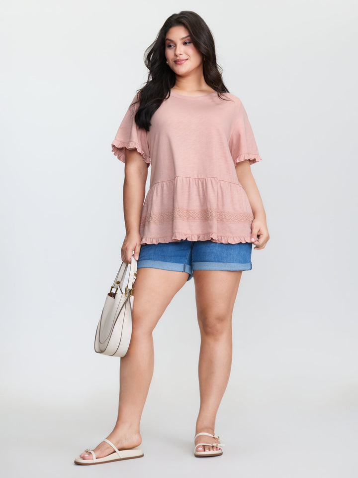 Lace Trim Ruffled Hem Plain Knit Top