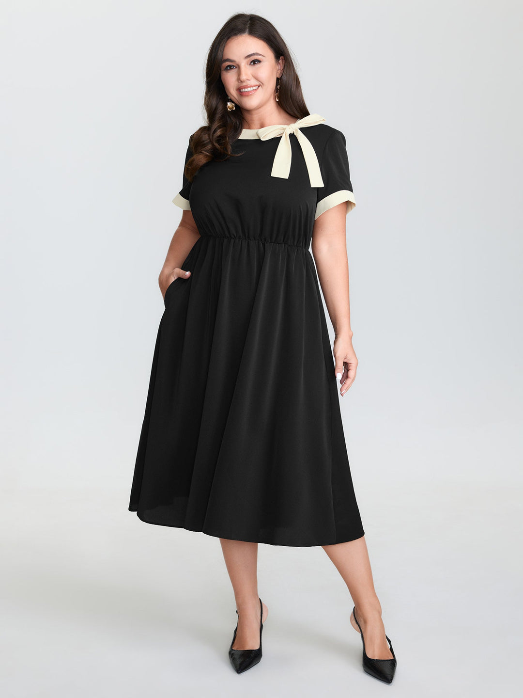 Bow Neckline Stretchy Waist Midi Dress