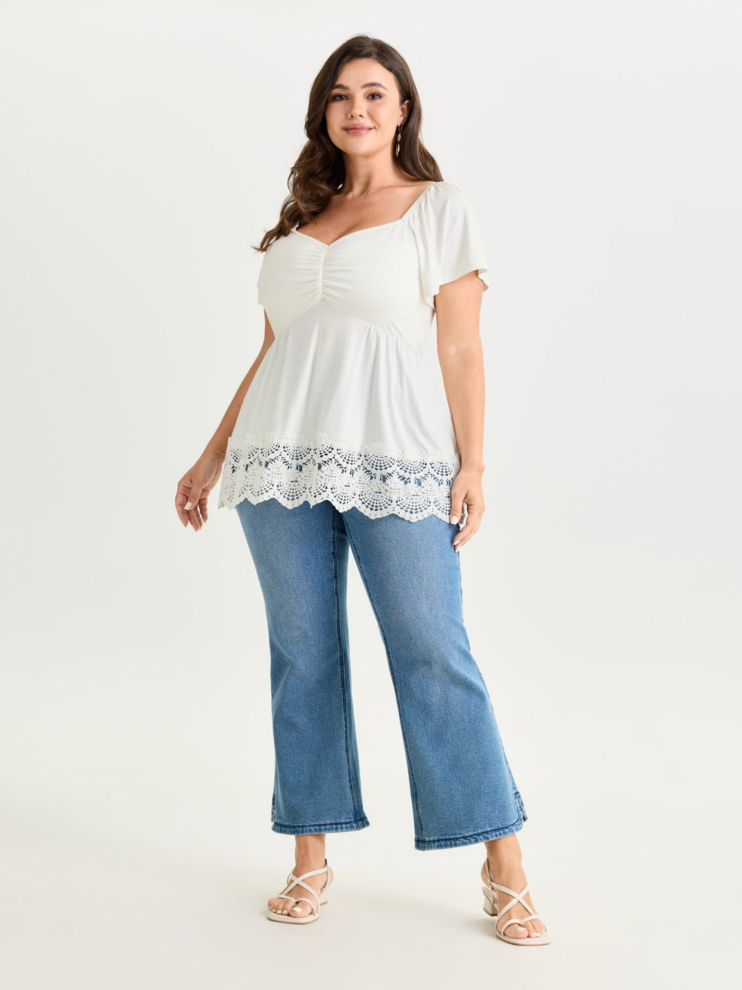 Lace Trim Flared Sleeve Ruched-Front Knit Top