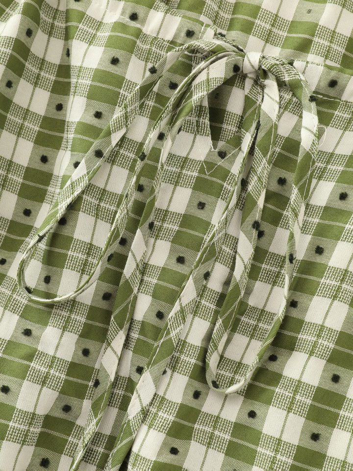 Gingham Print Adjustable Drawstring Neckline Midi Dress