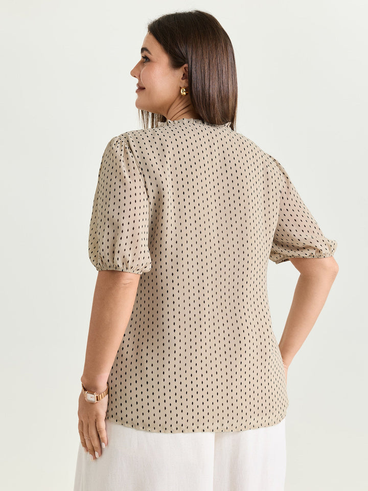 Geometric Print Pleated Ruffled Neck Blouse