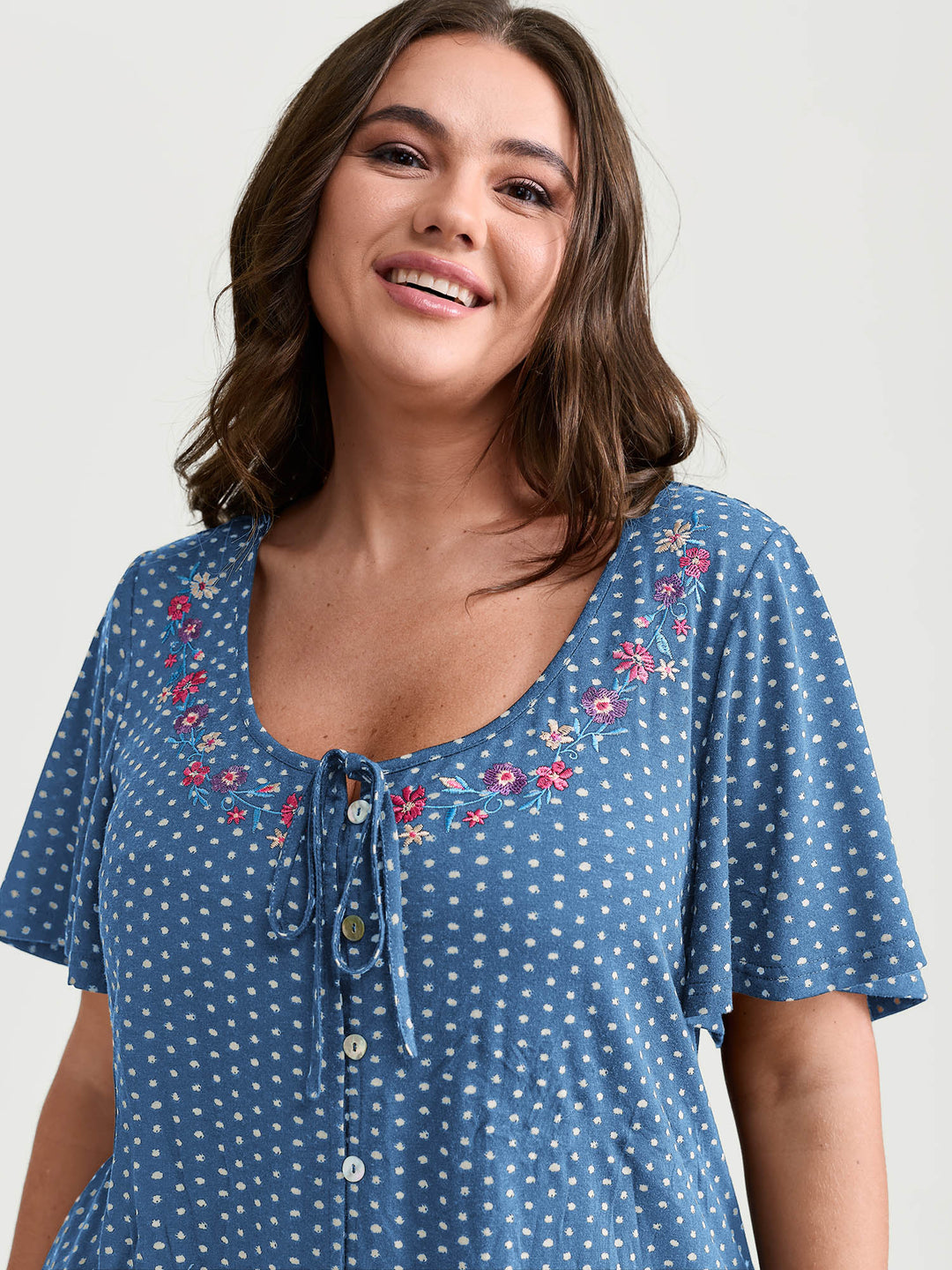 Colorful Floral Embroidered Neckline Polka Dot Top