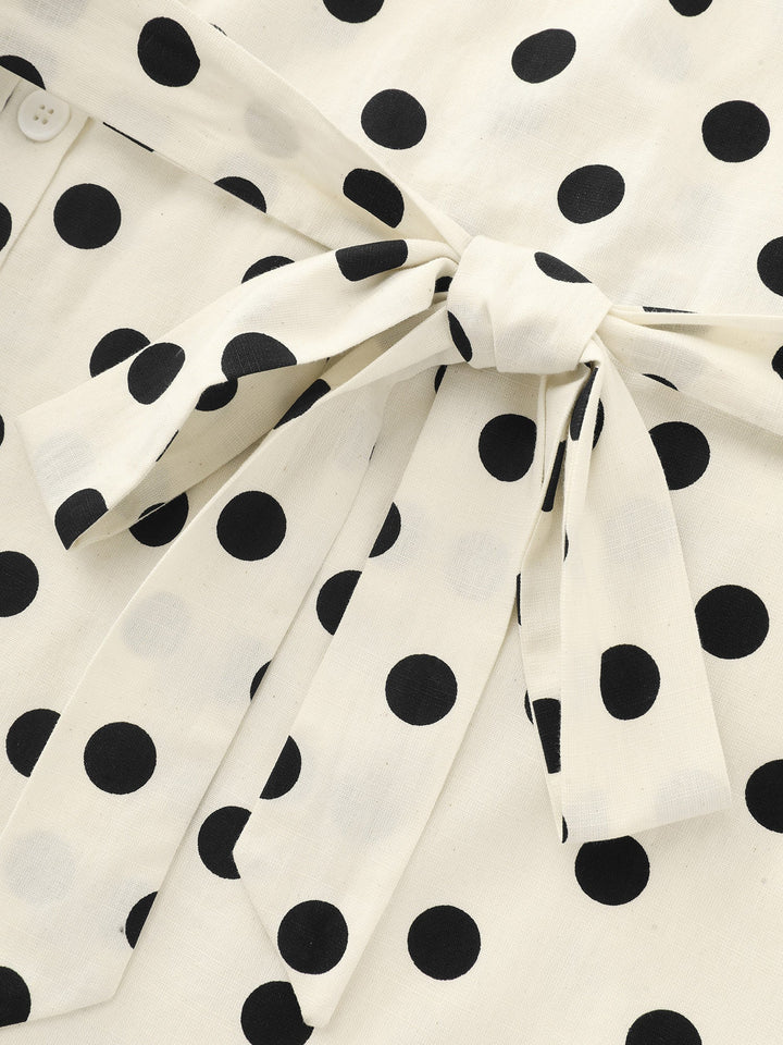 Cotton Linen Polka Dots Side Tie Collared Romper