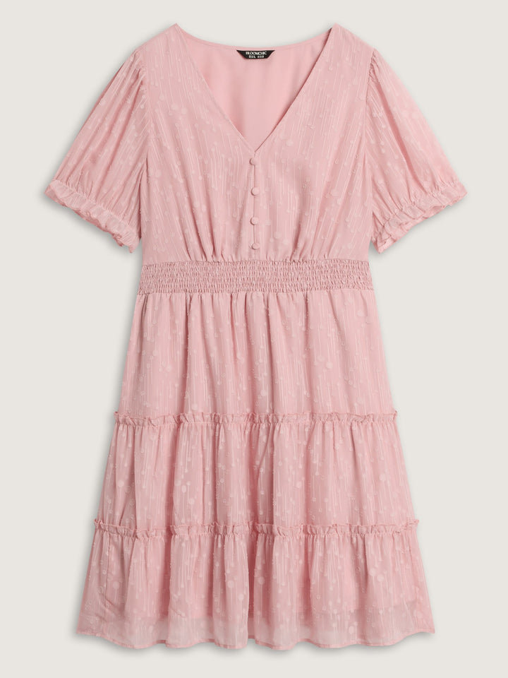 Polka Dots Shirred Cuff Sleeve Tiered Mini Dress