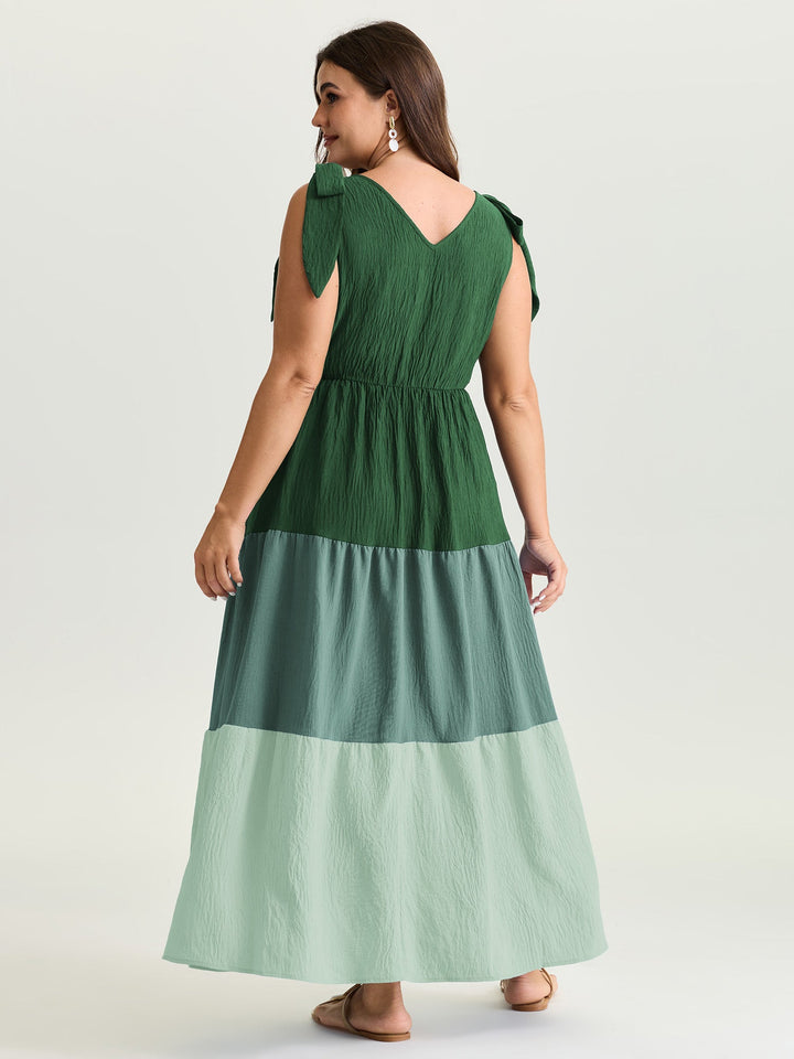 Colorblock Shoulder-Tie Tiered Maxi Dress