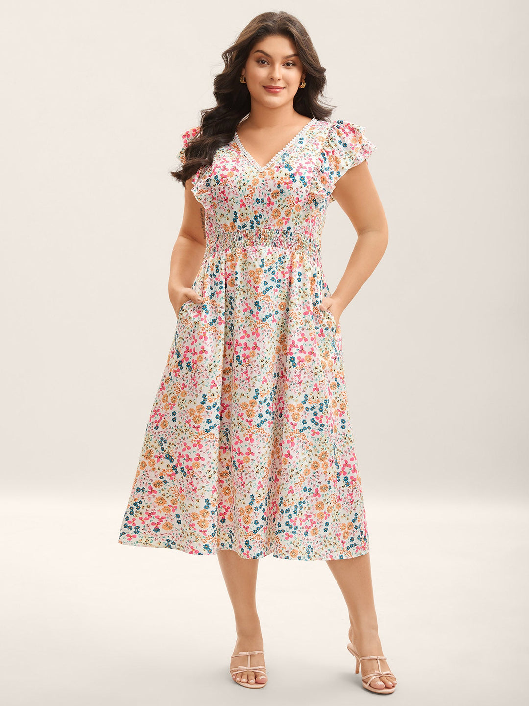 Sweet Floral Print Lace Neck Midi Dress