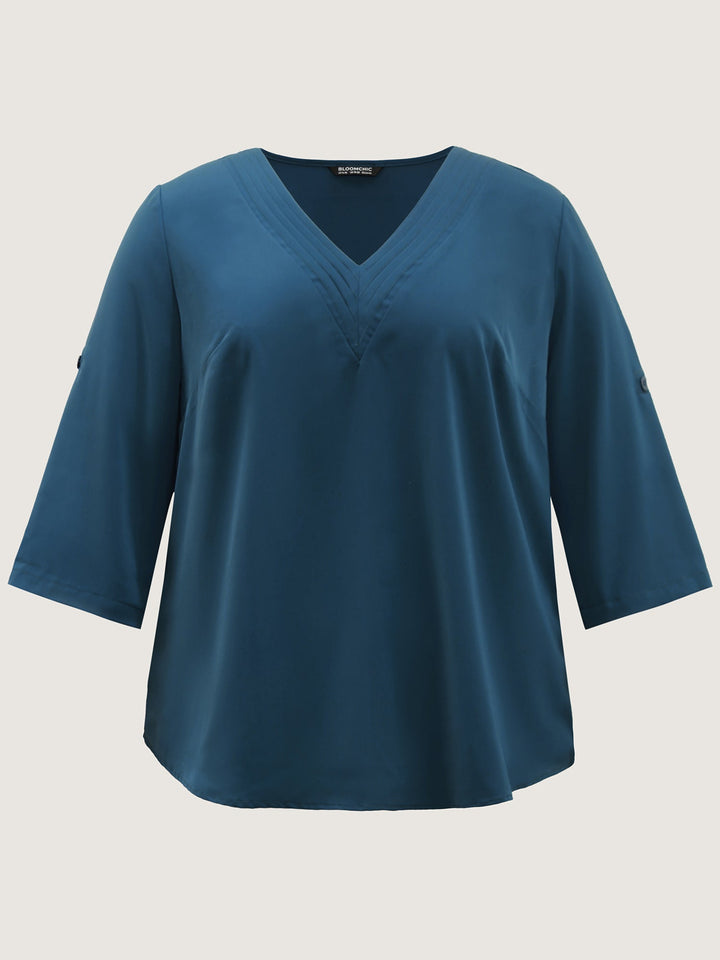 V Neck Plain Pleated Tab Sleeve Blouse