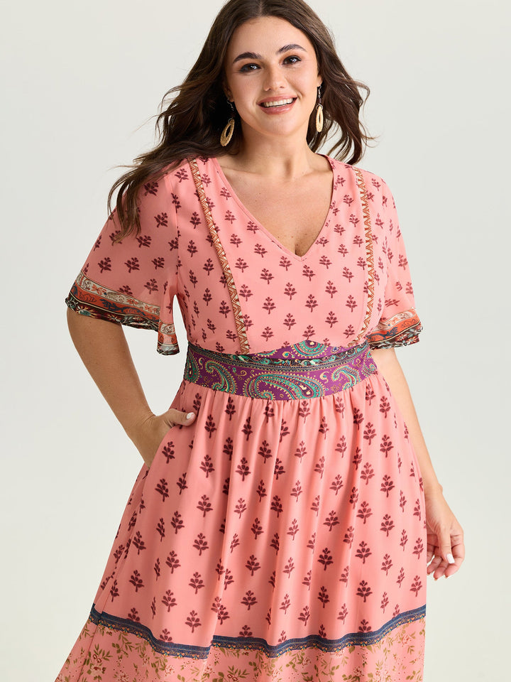 Colorful Floral Paisley Print V-Neck Maxi Dress