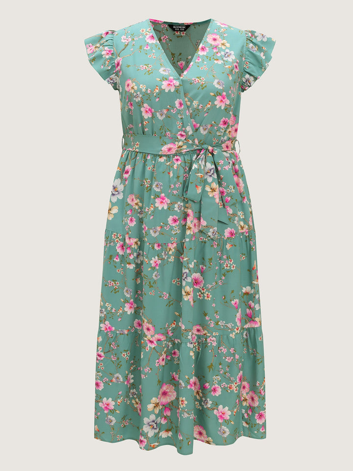 Playful Floral Print Flutter Sleeve Maxi Dress