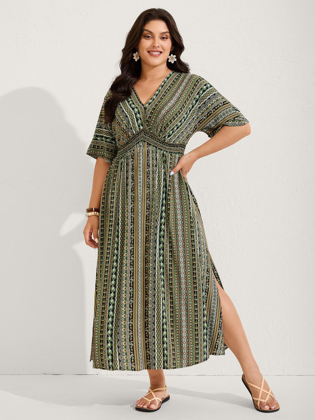 Striped Contrast Dolman Sleeve Shirred Pocket Split Flutter Dress