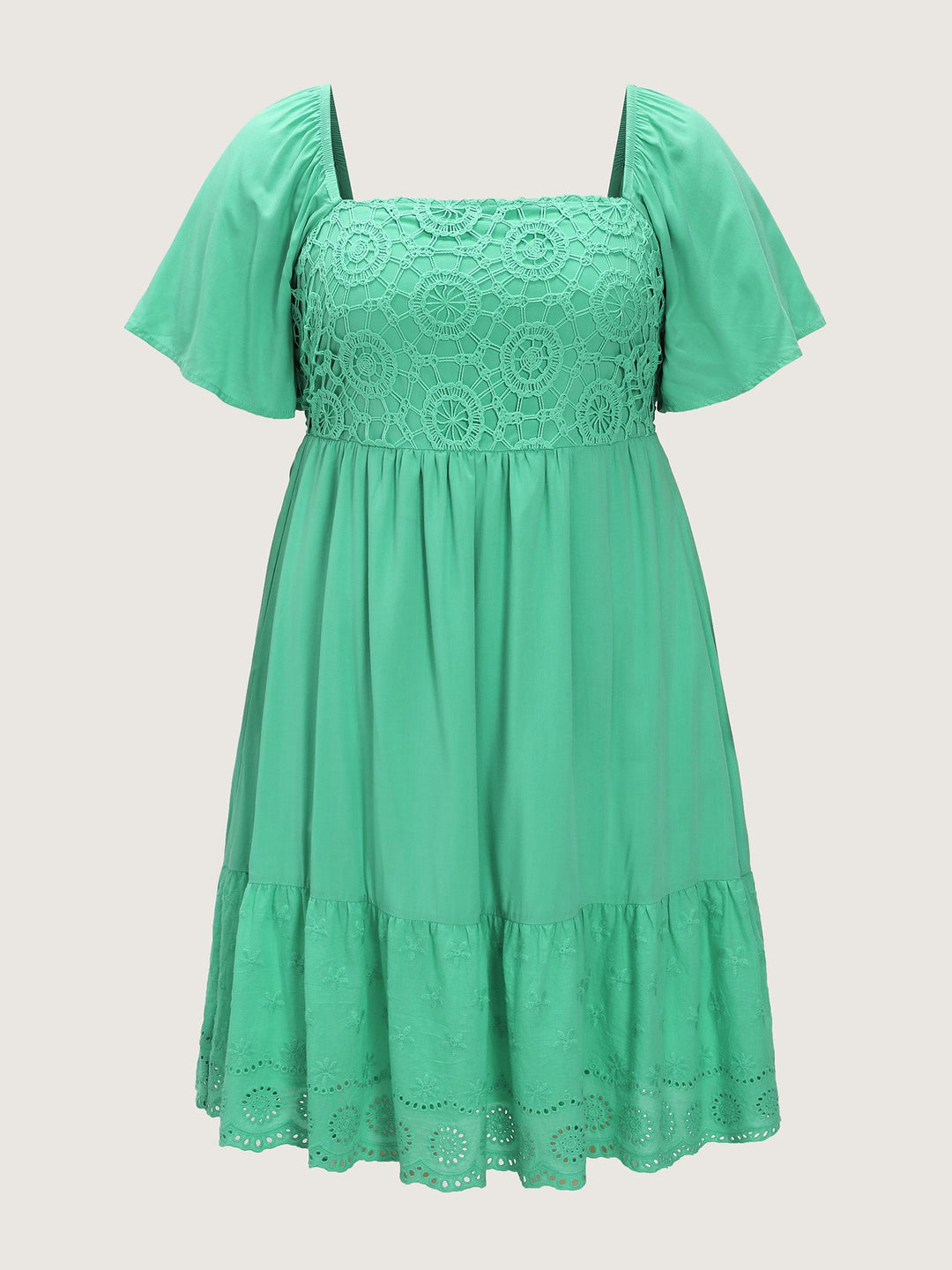 Shirred Bodice Flared Sleeve Lace Hem Mini Dress