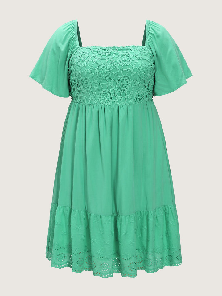 Shirred Bodice Flared Sleeve Lace Hem Mini Dress