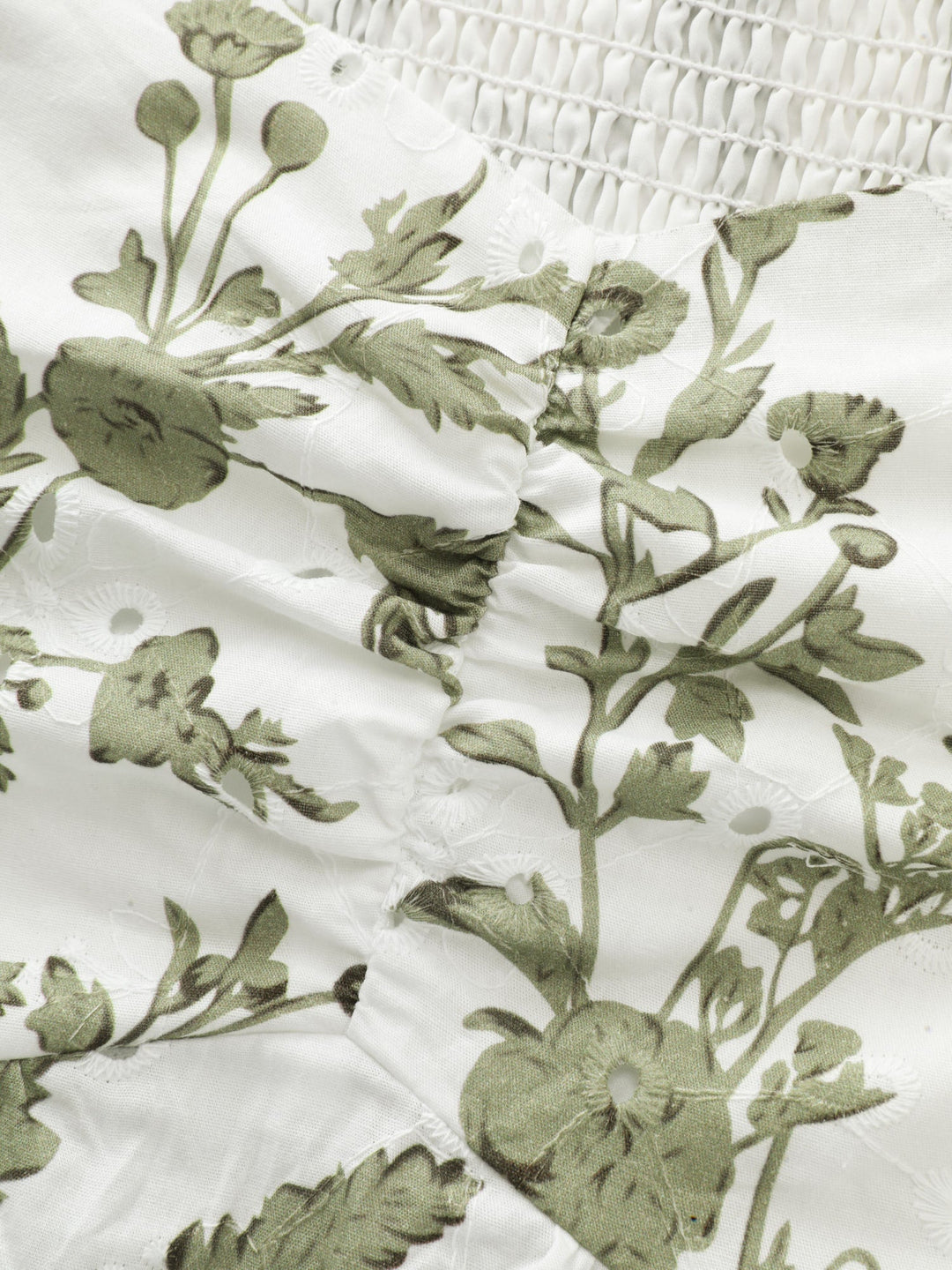 Cotton Floral Print Ruched Bubble Sleeve Blouse