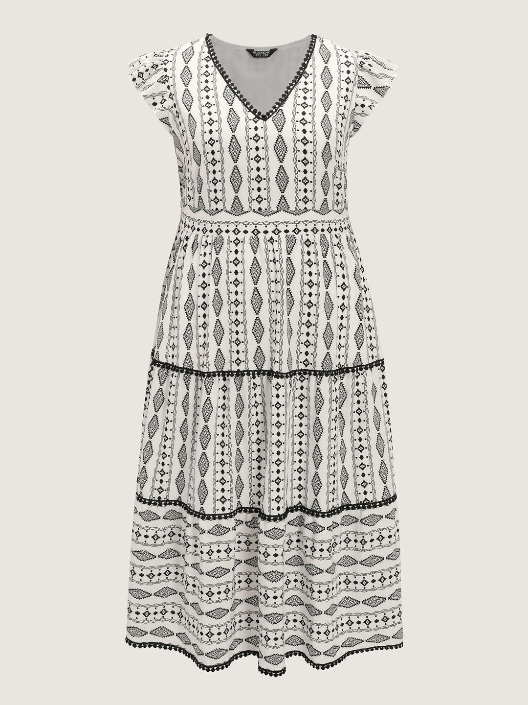 Geometric Print Lace Trim Tiered Maxi Dress