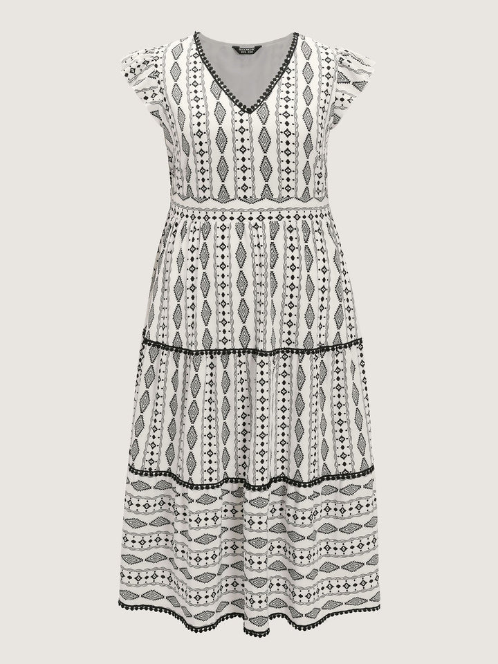 Geometric Print Lace Trim Tiered Maxi Dress