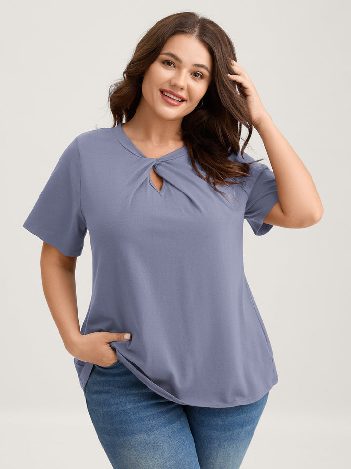 Knotted Cut-Out Neckline Solid T-Shirt