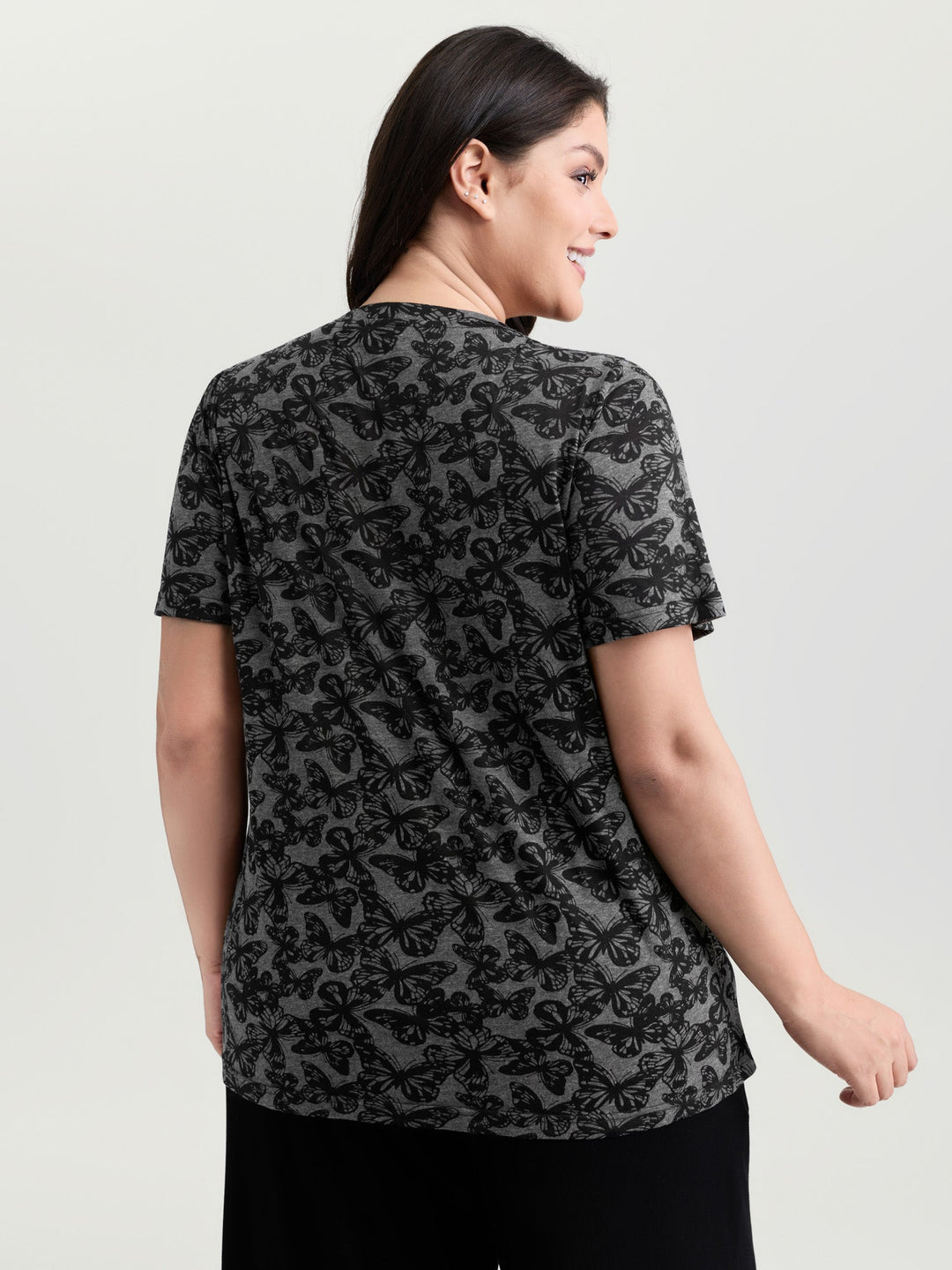 Textured Butterfly Pattern V-Neck T-Shirt