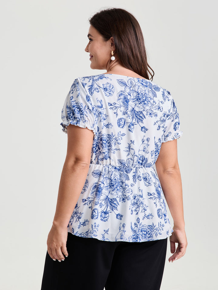 Floral Print Stretchy Waist-Defining Blouse