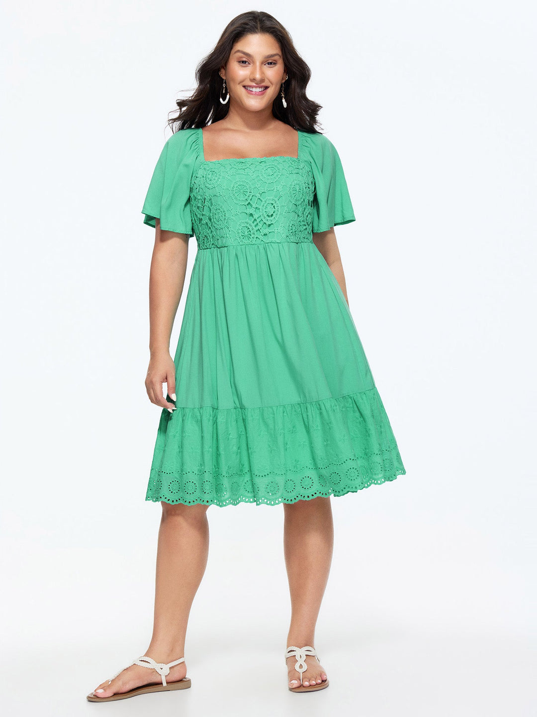 Shirred Bodice Flared Sleeve Lace Hem Mini Dress