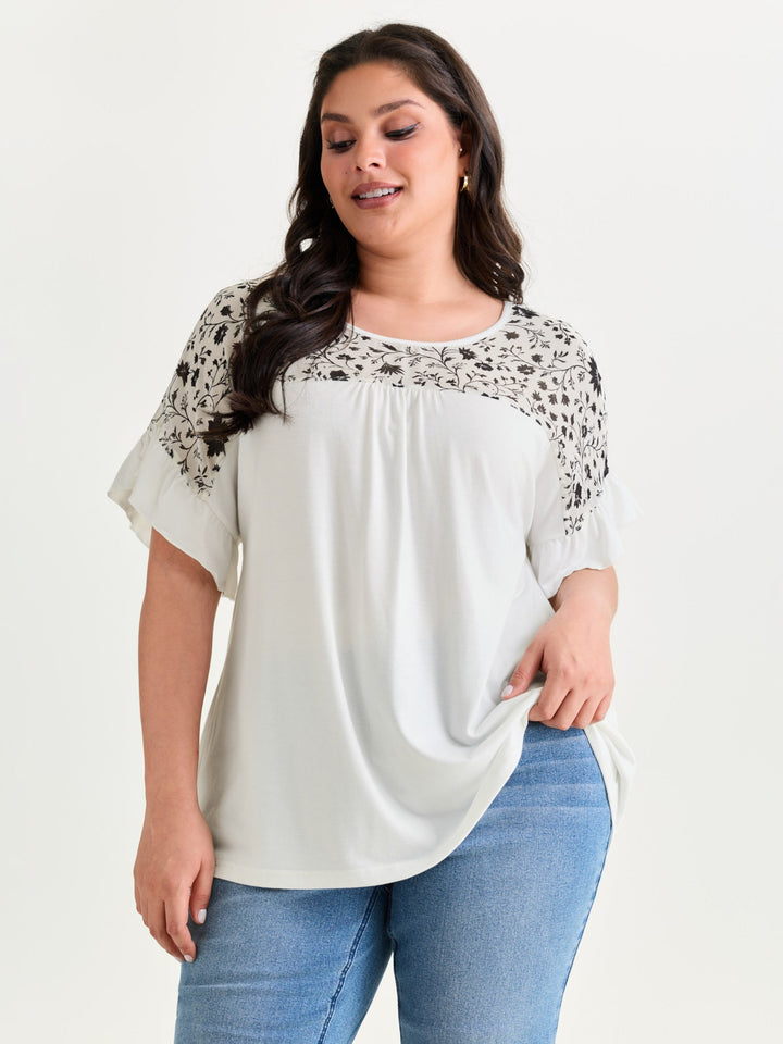 Sheer Floral Print Contrast Knit Top