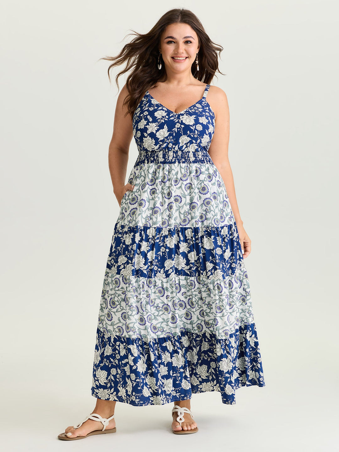 Colorblock Floral Print Tiered Maxi Dress