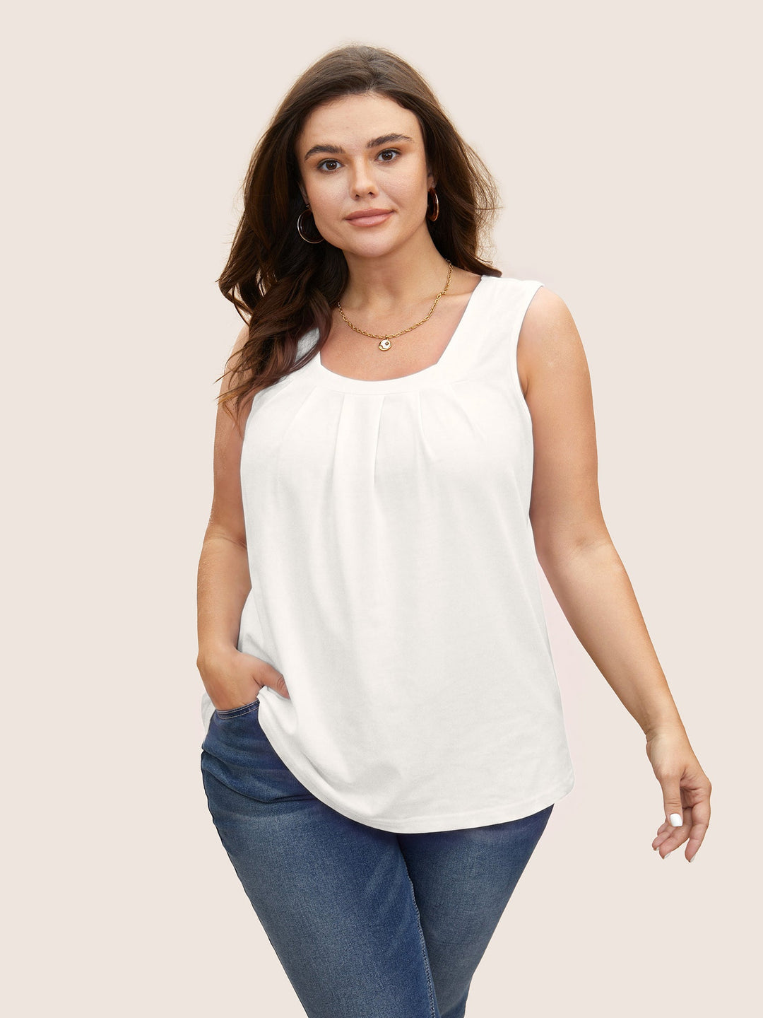 Heather Plicated Detail Square Neck Tank Top
