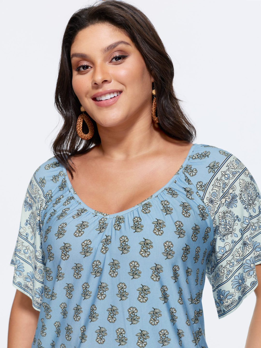 Supersoft Floral Print Flared Sleeve Pleated Knit Top