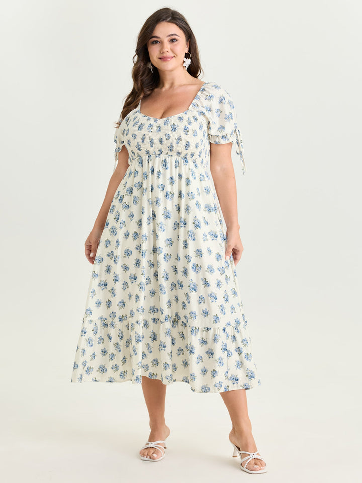 Floral Print Shirred Bodice Sleeve-Tie Maxi Dress