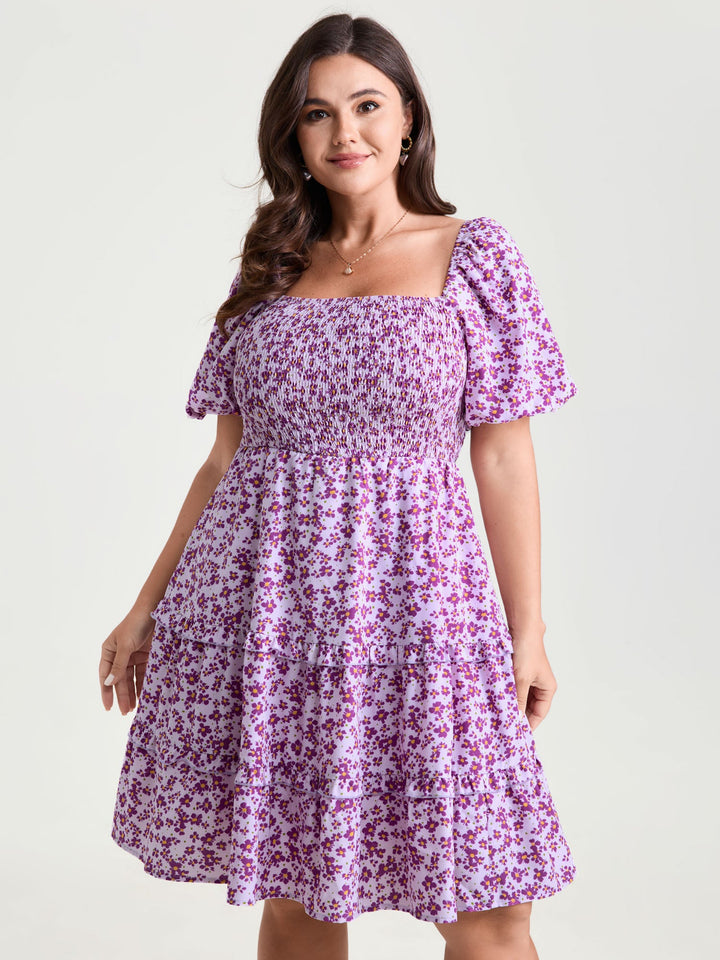 Soft Floral Print Cinched-Waist Mini Dress