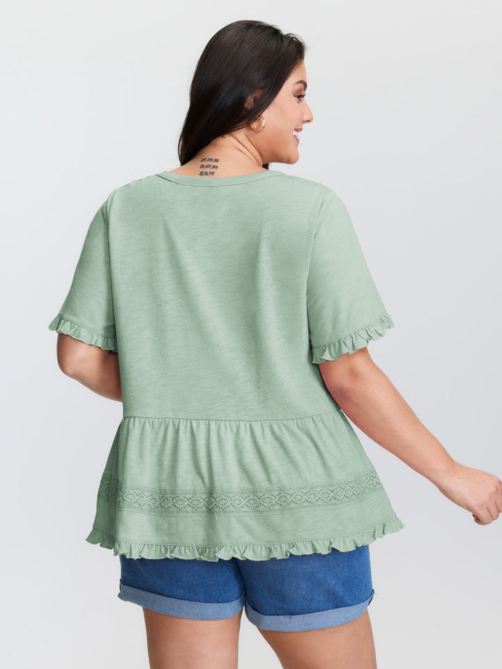 Lace Trim Ruffled Hem Plain Knit Top