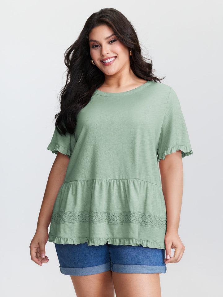 Lace Trim Ruffled Hem Plain Knit Top