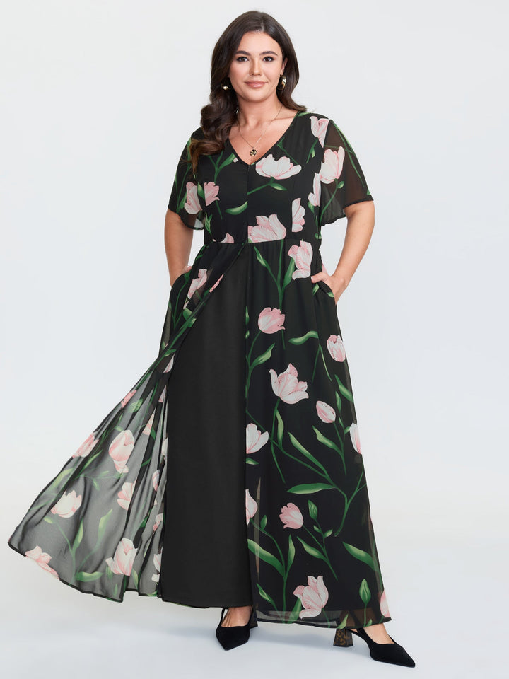 Hidden Zipper Floral Layered Pockets Jumpsuit
