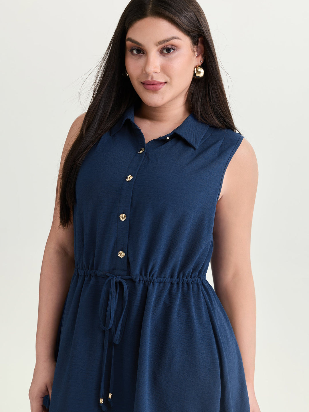 Collar Button Detail Waist Drawstring Mini Dress