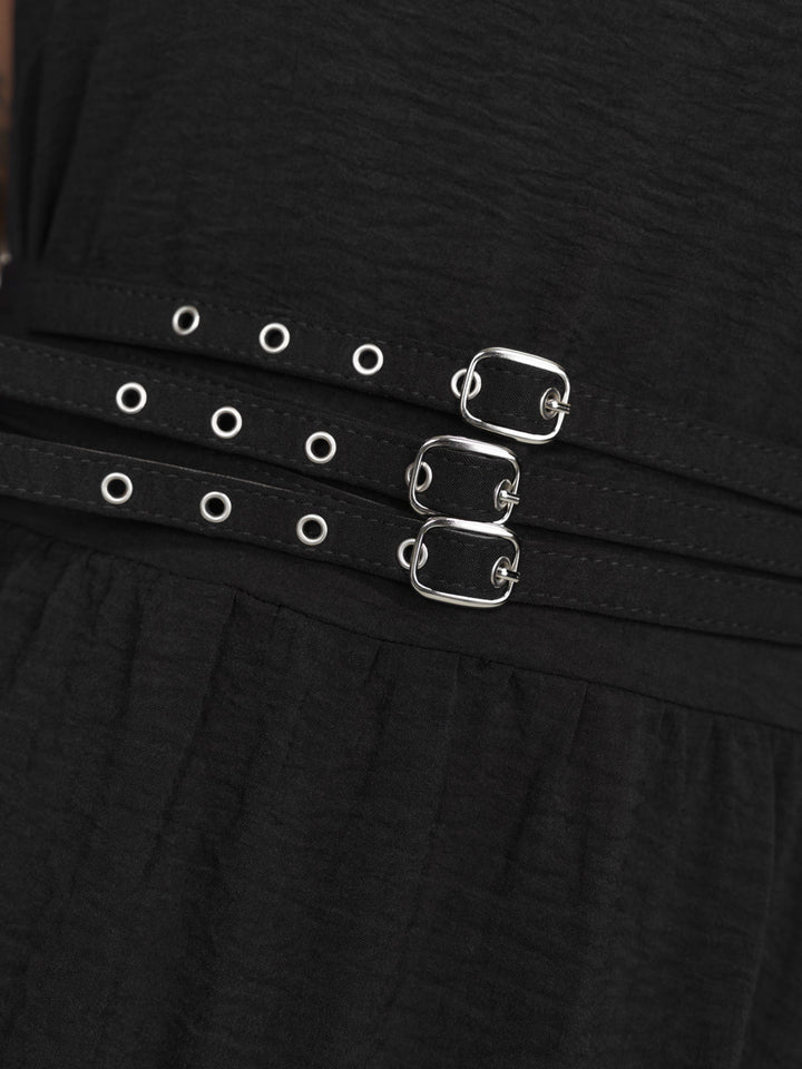 Wide Straps Belted Buckle Detail Midi Dress