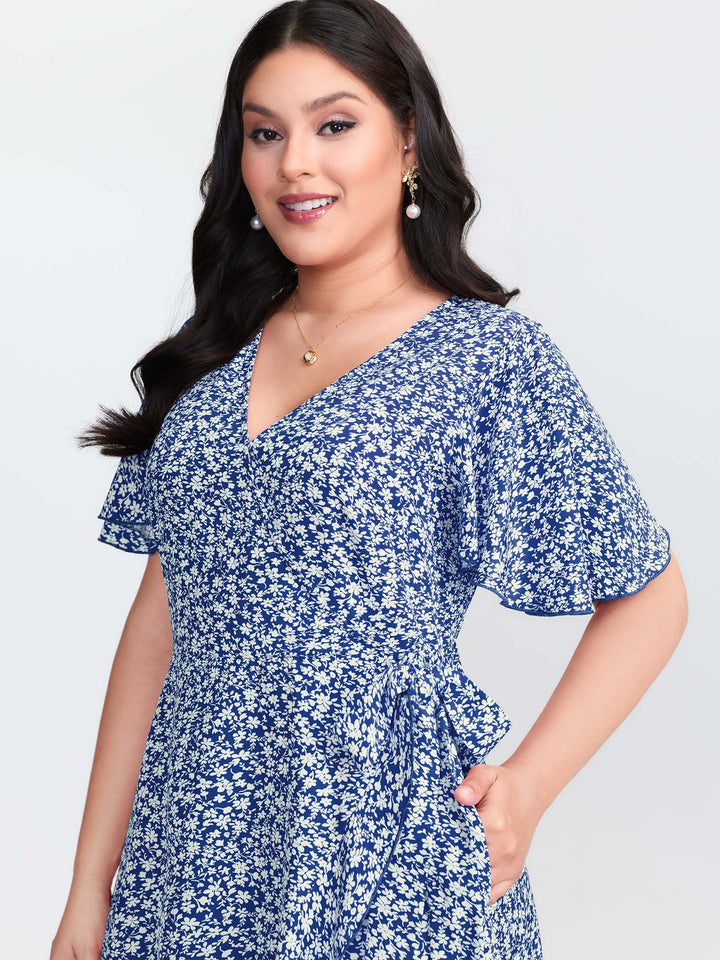 Ditsy Floral Print Flared Sleeve Maxi Dress