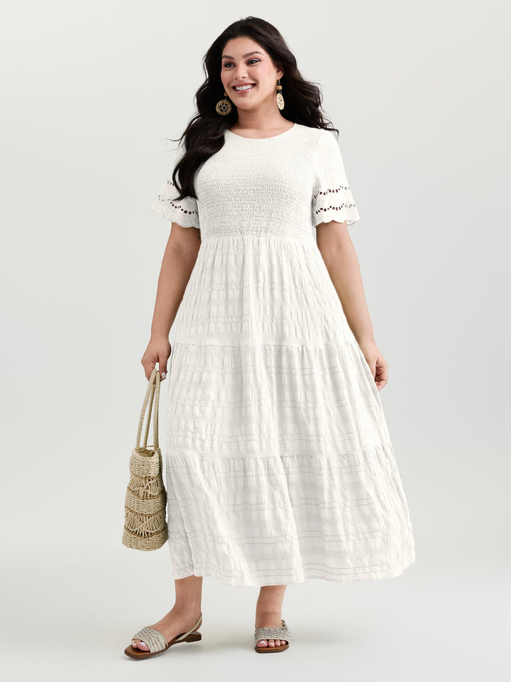 Shirred Lace Flounce Sleeve Tiered Maxi Dress
