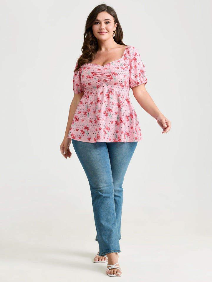 Romantic Floral Print Ruched Blouse